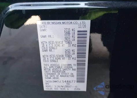 2020 Infiniti Qx60 Pure Awd z USA, uszkodzony, nr VIN 5N1DL0MM7LC548677